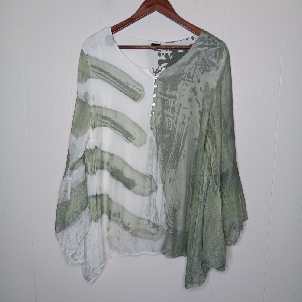 Shana Blouse Women Size XL White Green Tie Dye Art to Wear Lagenlook Bell Sleeve